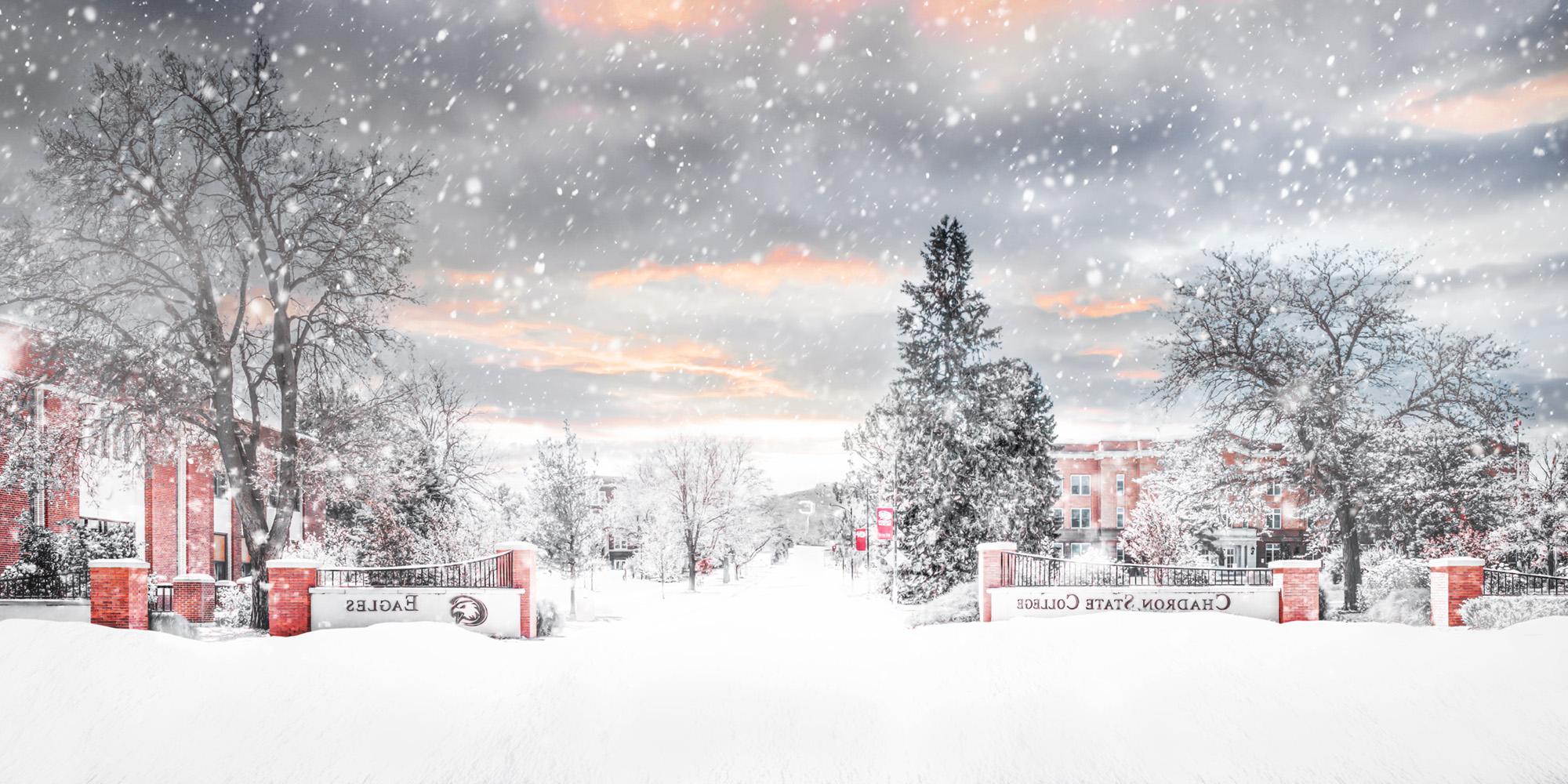 Chadron State College entrance under a blanket of snow